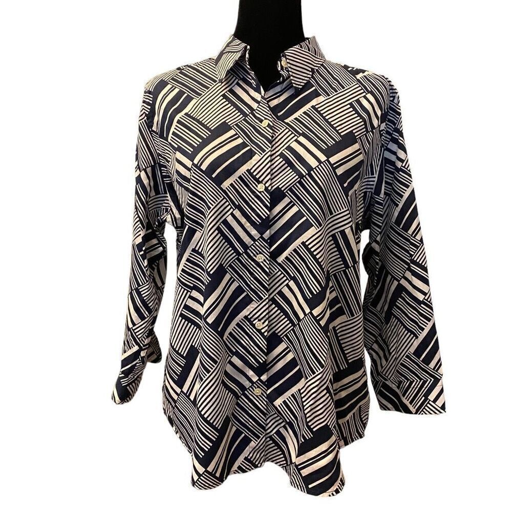 Lauren Ralph Lauren Black and White Geometric Button-Up Blouse